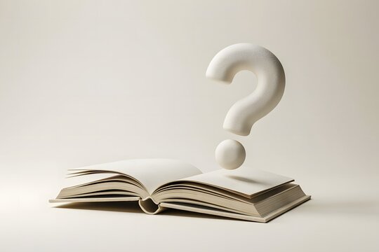 Minimalist 3D rendered open book with a floating white question mark above the pages representing curiosity and knowledge discovery on neutral background