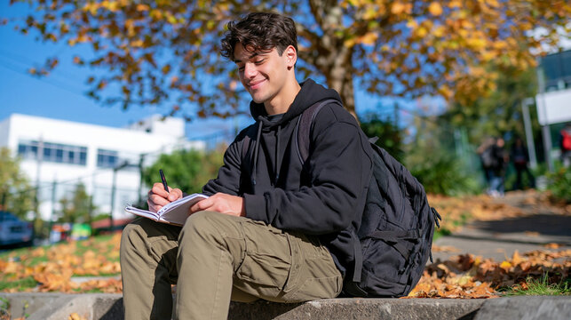A Samoan teenager sits on school steps after class writing in a journal, autumn campus trees above shedding golden leaves onto the path, reflective moment, high school student writing practice after