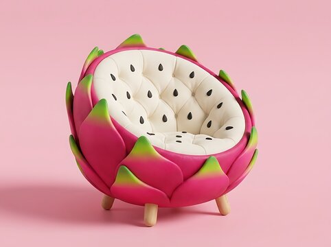 Creative armchair designed to look like a pink dragon fruit with seeds