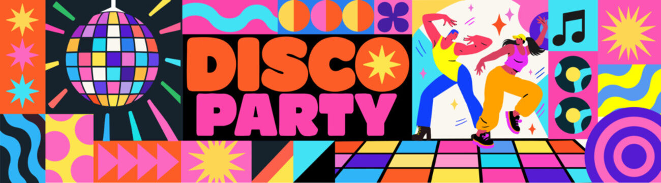 Disco party. Music and dance vibe. A fun, abstract vector illustration of dancing people, a mirror ball, vinyl records, musical geometric shapes for banner, background, club event, poster, flyer, tick
