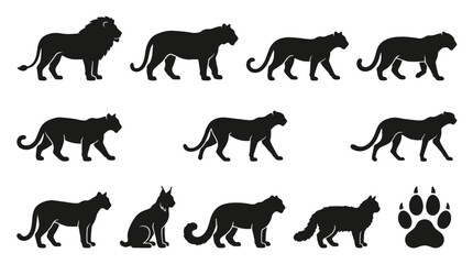 Obraz premium Silhouettes of various cat and lion figures illustrate the diversity of feline movement and anatomy in a stylized manner.