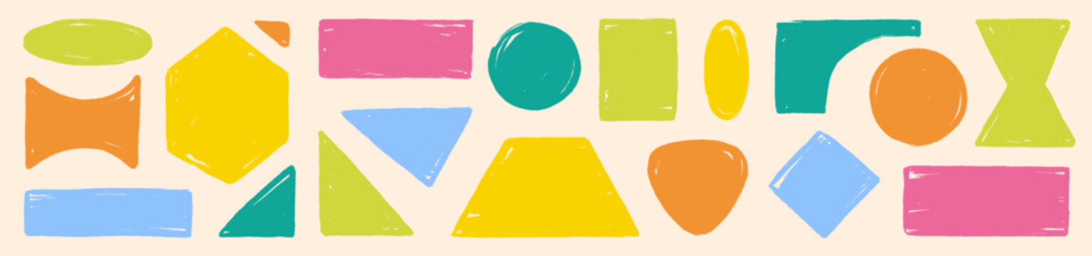 Shape text background color set. Hand drawn shape text background color frame kid figure circle brush. Crayon sticker geometric pastel callout paper school cute. Vector