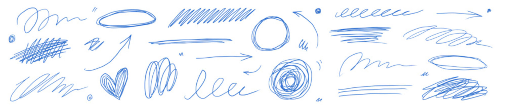 Pen scribble line doodle set. Hand drawn blue pen scribble line doodle texture scratch paper notebook ink. School arrow spiral squiggly graffiti expressive rough background. Vector