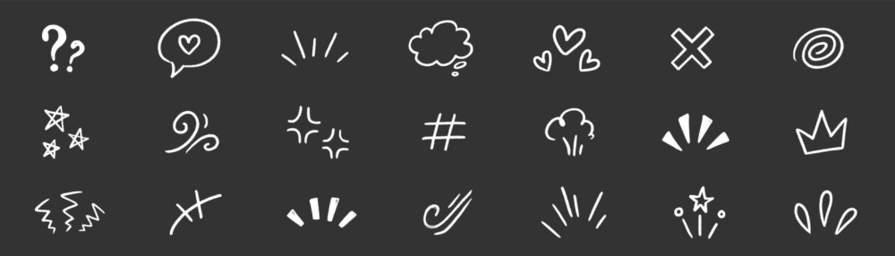 Icon emphasis comic effect set. Hand drawn icon emphasis comic effect mark question exclamation doodle. Wind burst manga sparkle surprise speech angry anime. Vector