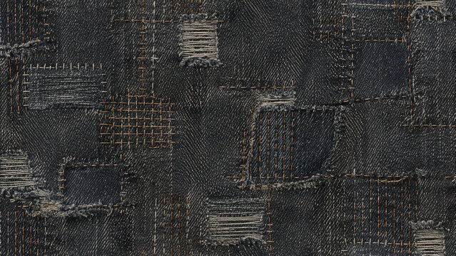 Dark denim jeans fabric texture with visible mending and sashiko stitching background