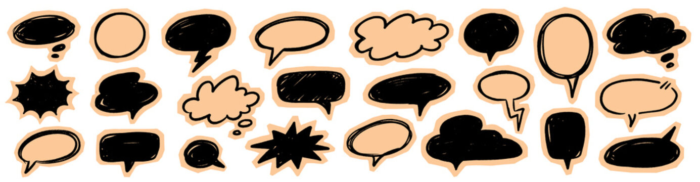Bubble speech paper doodle set. Hand drawn bubble speech paper doodle crayon box frame dialogue balloon. Scrapbook sticker comic funky chat message collage grunge. Vector
