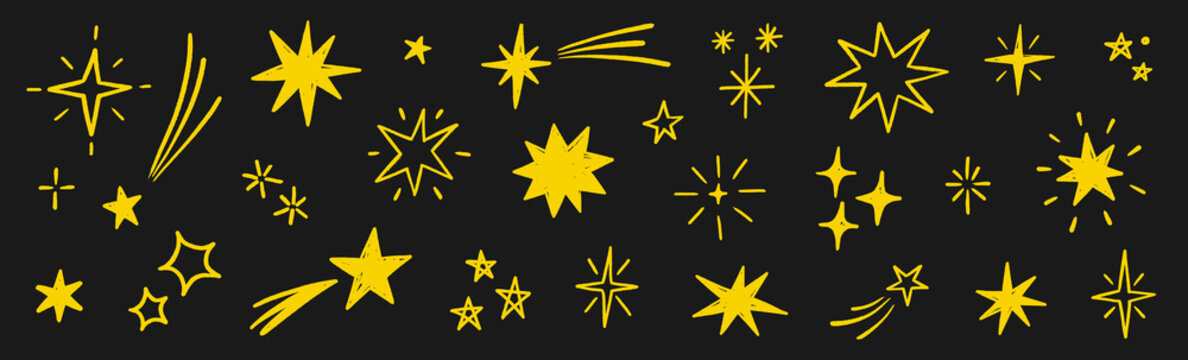 Star crayon icon hand set. Hand drawn star crayon icon hand sketch brush chalk sparkle pattern. Cute moon sun magic twinkle glitter blackboard texture background. Vector