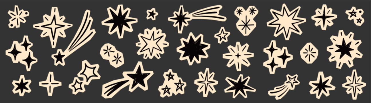 Star paper sticker sketch set. Scrapbook paper sticker sketch texture collage journal doodle cutout vintage. Handmade glitter newspaper magazine starburst grunge cute background. Vector