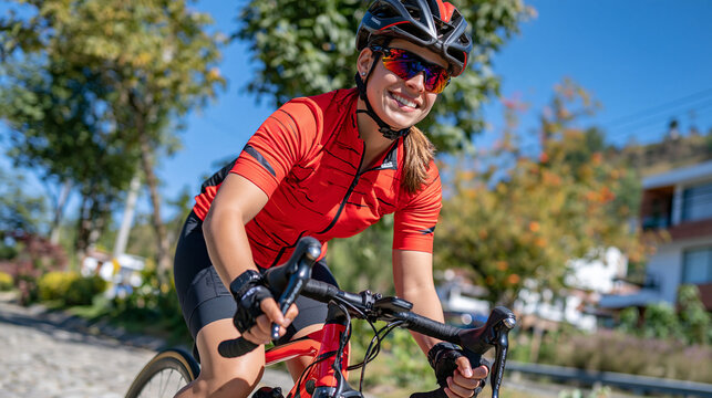 Colombian female cyclist climbing a steep cobblestone mountain road on a road bike, cycling endurance training, hill repeat workout, competitive cycling, female athlete outdoor sport, aggressive cli