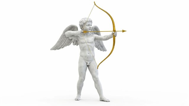 Classical Cupid marble statue with golden bow and arrow, white stone cherub sculpture of Eros, mythological angel figure for Valentine's Day