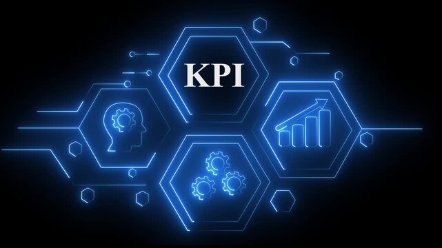 Abstract neon Hud knowledge ability business gear icon Glowing neon line concept. Glowing "KPI" button in German on a futuristic, abstract wave technology on black background. 