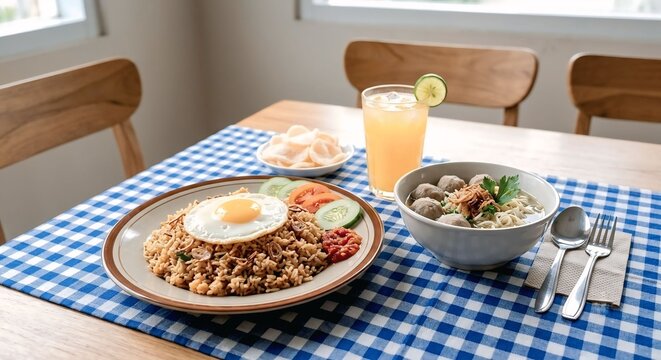 Indonesian nasi goreng with sunny side up egg and meatball soup bakso served on dining table