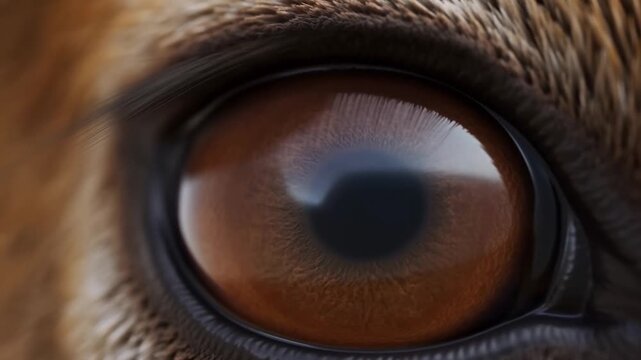 Extreme closeup of mammal eye showing slow pupil dilation and subtle tracking movement on furred face macro close shot in natural light
