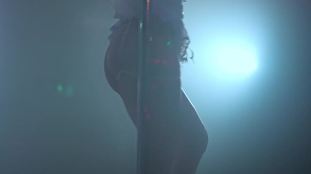 Pole dancer performing on a dark stage show.