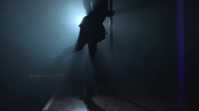 Pole dancer silhouette in backlit smoke on stage.