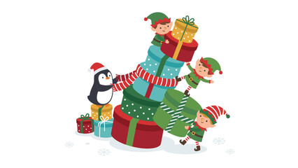 Fototapeta premium Playful penguin with elves and gift boxes in a festive scene
