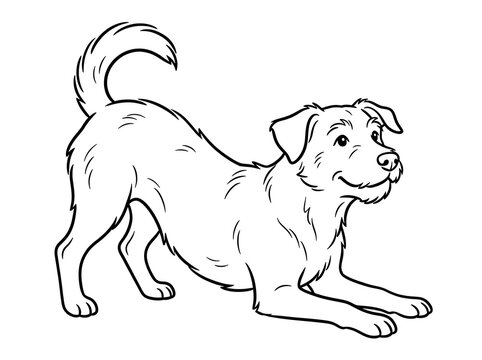 Cute playful dog stretching or bowing coloring page line art vector illustration