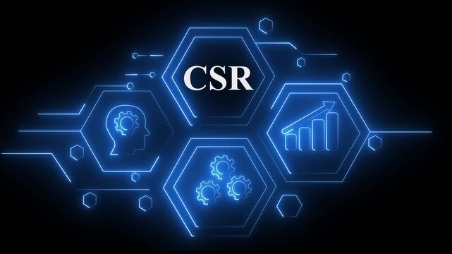 Abstract neon Hud knowledge ability business gear icon Glowing neon line concept. Glowing "CSR" button in German on a futuristic, abstract wave technology om black background.