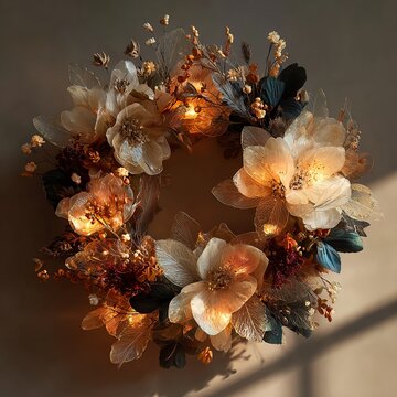 Elegant Floral Wreath with Warm Glowing Lights