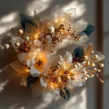 Elegant Floral Wreath with Warm Glowing Lights