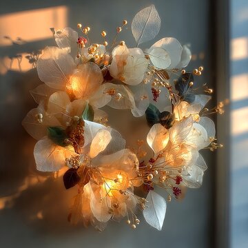 Elegant Floral Wreath with Warm Glowing Lights