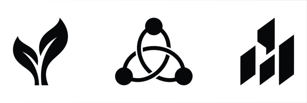 Collection of three black symbols including a pair of sprouting leaves, a circular knot with three nodes, and a vertical geometric structure composed of stacked parallelograms on white background