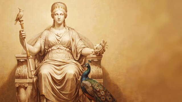 Classical Greek goddess Hera seated on throne with peacock, ancient mythology queen sculpture, majestic marble statue aesthetic in warm sepia tones