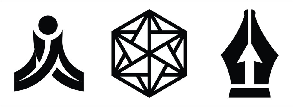 Collection of three distinct black and white featuring an abstract human figure, a complex geometric hexagonal pattern, and a stylized fountain pen nib with an upward pointing arrow