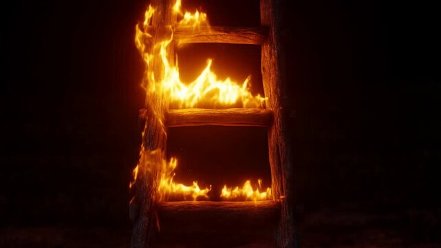 Slow motion tracking shot of burning wooden ladder engulfed in flames against dark outdoor background