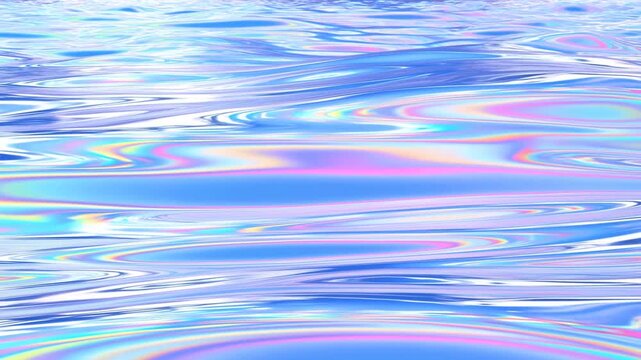 Slow motion pan of iridescent liquid surface creating pastel rainbow reflections and gentle ripples on calm water plane
