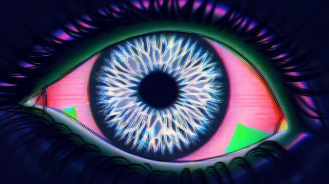 Closeup tracking shot of eye dilating with iris color shifting and neon highlights in dark studio macro view
