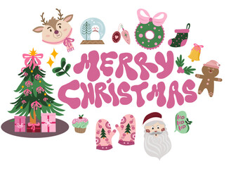 Naklejka premium set of christmas elements Pink Christmas Vector Bundle Lettering Quotes and Decorative Elements