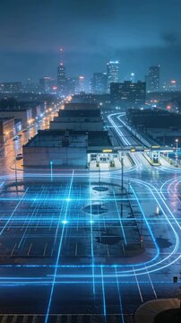 Vertical video: Animating blue neon grid across parking lot and intersection at night