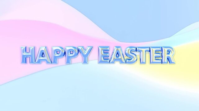 Static shot of happy easter metallic text slowly sliding across pastel wavy gradient background, centered greeting banner with soft pink blue yellow tones