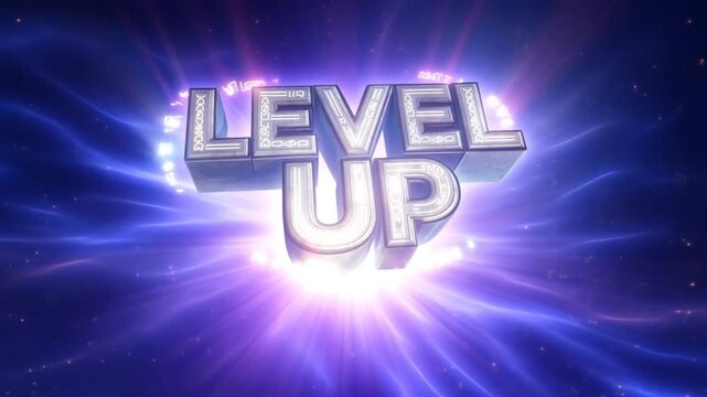 Tracking shot of 3d level up text rotating and emerging in glowing nebula energy field with radial light burst