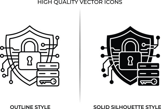 Cloud network security and data protection outline and solid silhouette vector icon set for secure computing