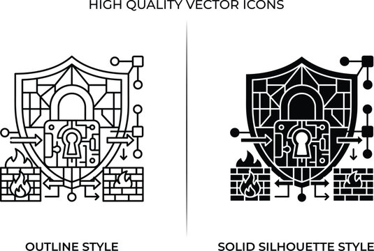 Web firewall security and network protection outline and solid silhouette vector icon set