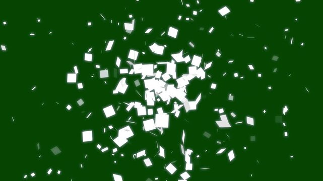 Explosive white confetti particles burst animation, geometric square particle explosion transition, festive party celebration overlay on green screen, 4k video.