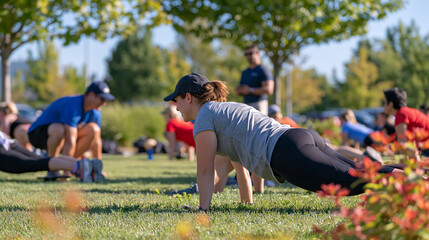 Fototapeta premium Wide view of a crowded outdoor boot camp class in a city park at early morning, groups doing burpees on dewy grass, group fitness session, community workout, personal trainer instruction, outdoor ex