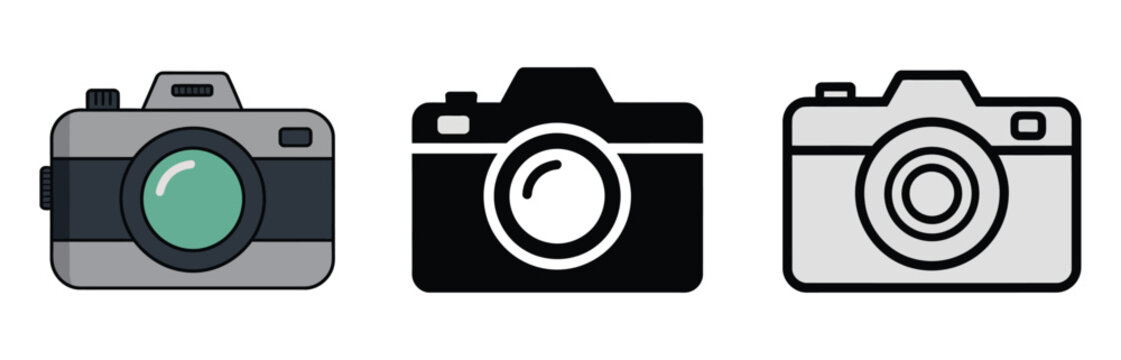 camera icon set in flat style, photography equipment symbols for photo shooting, digital media, travel, memories and modern vector illustration