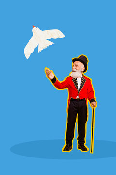 Elderly ringmaster in red coat and top hat releasing a white dove in a playful vintage circus collage