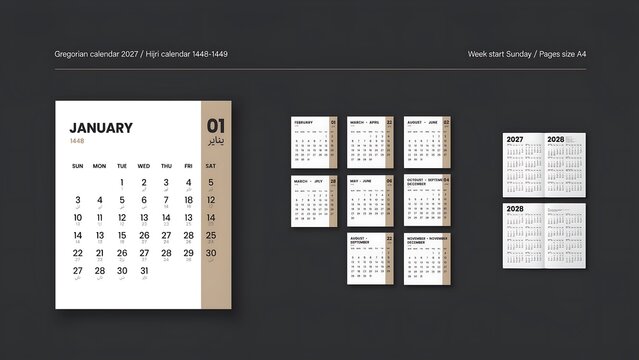 Minimalist calendar 2027 design template mockup with monthly planners and dates on dark background