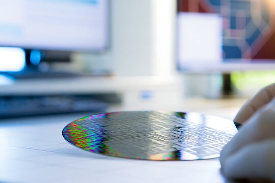 Close-up of silicon wafer with dense microchip patterns beside engineering monitors, representing AI semiconductor design, chip development and electronic design automation
