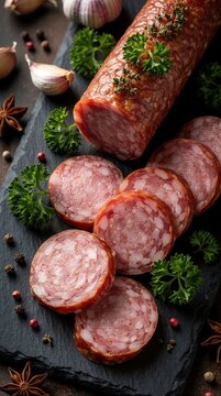 Sliced smoked sausage rests on dark slate board garnished with parsley, garlic, star anise. Whole salami, meat slices arranged with peppercorns, pink berries. Appetizing food preparation for deli.