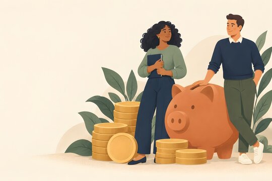 People with piggy bank and coin stacks illustrating financial planning