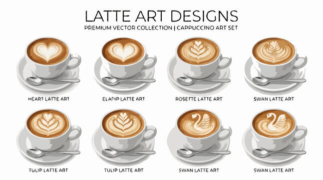 An artistic collection of eight coffee cups, each showcasing a unique latte art design. The intricate patterns include hearts, rosettes, tulips, and swans, demonstrating the skill of coffee artistry