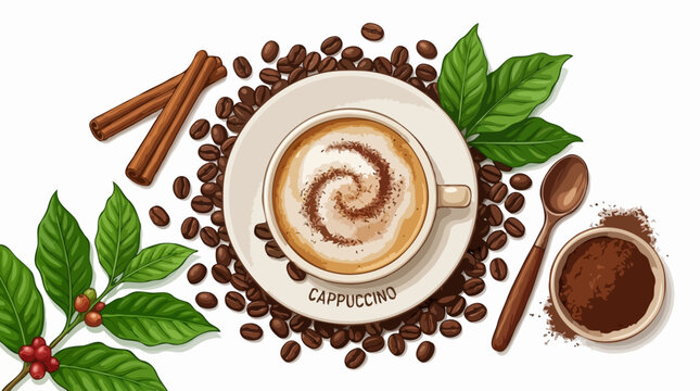 A steaming cup of cappuccino surrounded by coffee beans, cinnamon sticks, and fresh coffee leaves, evoking a rich aroma and inviting warmth