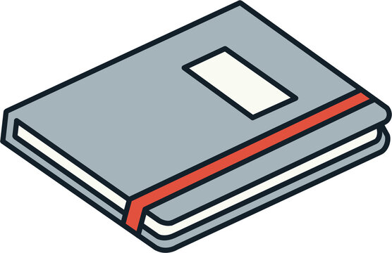 Grey notebook diary with red elastic band vector illustration, closed journal book icon