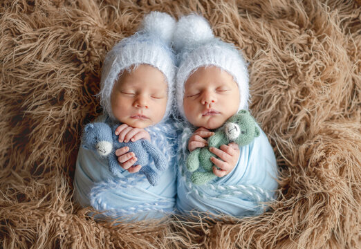 Two newborn twins wrapped in blue blankets sleep soundly holding tiny knit teddy bears. Newborn photo session
