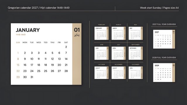 Minimalist printable 2027 calendar template design with Gregorian and Hijri dates, week starting Sunday